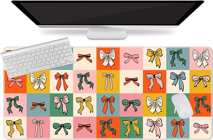 L-SPOUTTO Cute Bow Desk Mat for Keyboard and Mouse,Girly XL Large Mouse Pad | Non-Slip Keyboard Pad Waterproof Desktop Mat for Laptop Computer Work Game Home Office-Checkered Bow