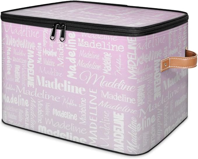 Custom Storage Basket with Name, Personalized Keepsake Box with Zipper Lid, Foldable Fabric Memory Bin Large capacity with Handle Grey Pink Gradient