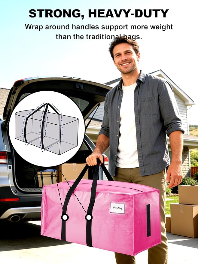 HOMESURE Supports 200lbs Heavy Duty Moving Bags - Strong Zipper & Wrap-Around Handles - Water-Resistant Storage Totes, Durable Alternative to Moving Boxes - 40 Pack - Pink