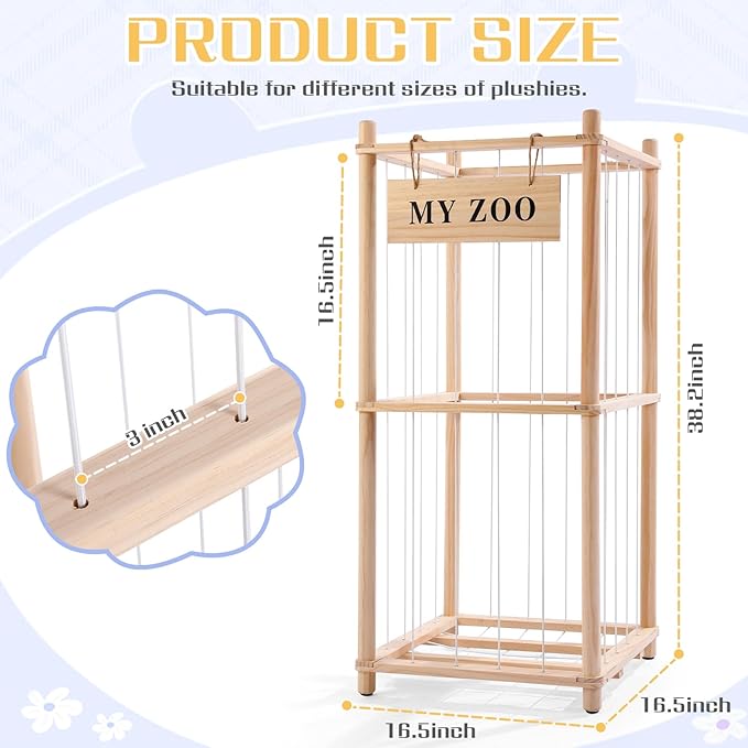 GLDZI Stuffed Animal Storage Zoo, Wooden Stuffed Animal Organizer with Elastic Cords for Boys Girls, Space Saving Toy Plushies Storage Holder for Playroom, Bedroom, Living Room (Burlywood, Small)