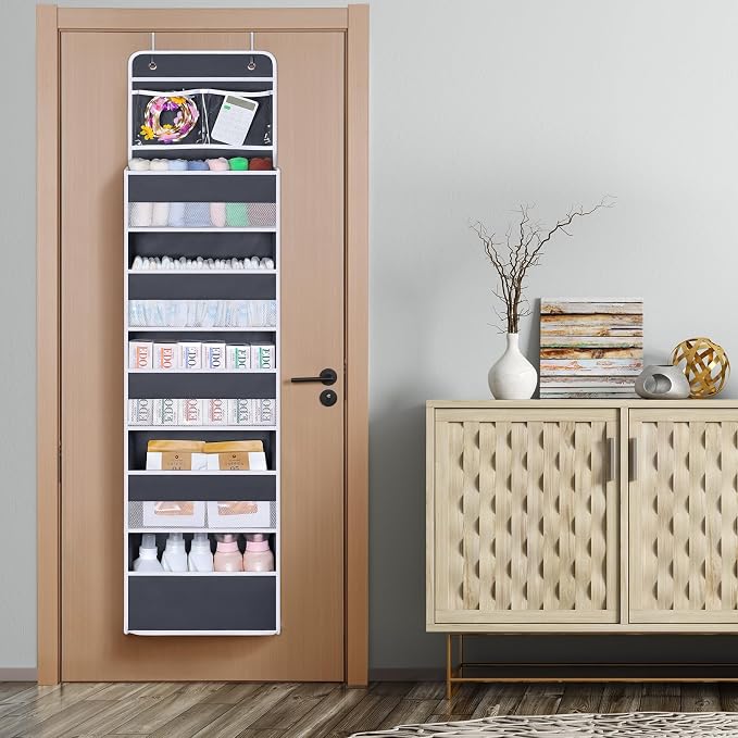 Univivi Over The Door Organizer, 6 Shelf Door Hanging Organizer Nursery Door Storage with PVC Pockets 8 Side Pockets for Bathroom,Cosmetics and Nursery Baby Essential