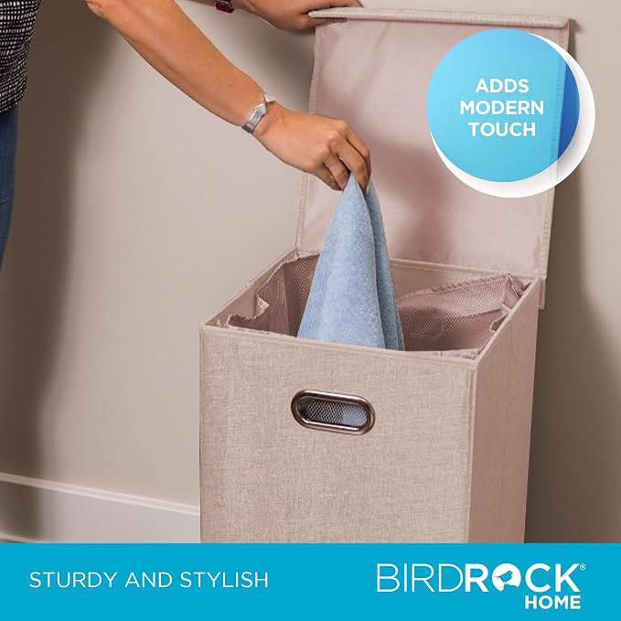 BIRDROCK HOME Single Laundry Hamper with Lid and Removable Liner | Linen | Easily Transport Laundry | Foldable Hamper | Cut Out Handles