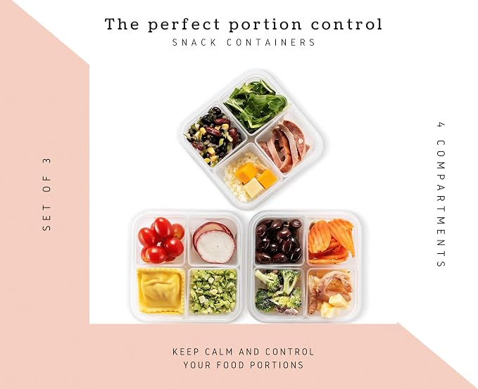 Komax Biokips Snack Containers – Bento Box Meal Prep Container Set w/4 Compartments – Portion Control Lunch Containers – BPA-Free Airtight Food Storage Containers (3 Pcs)