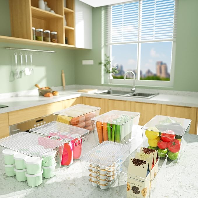 BALEINE Clear Stackable Storage Bins with Lids, Plastic Containers with Handle for Pantry Organizers and Storage, Plastic Bins for Fridge, Kitchen, Bathroom, Cabinet (13x7.4x7, 8PK)