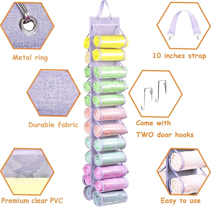 Legging Storage Bag Storage Hanger Can Holds 24 Leggings or Shirts Jeans Compartment Storage Hanger, Foldable Leggings Organizer Clothes Portable Closets Roll Holder (Light Purple)