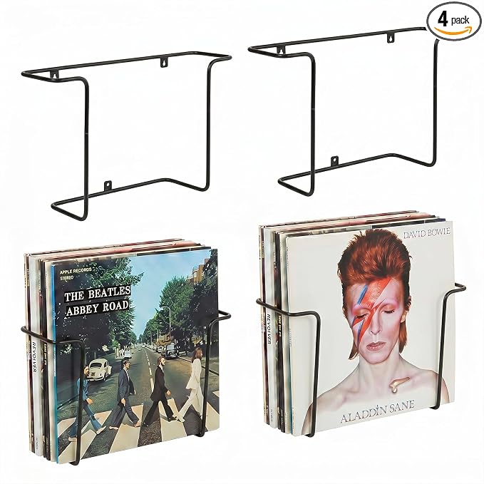 MyGift Modern Metal Wire Record Display Shelf, Vinyl Records Wall Mount Storage Racks, Hanging LP Record Holders, Floating Album Cover Display Shelves, Set of 2 (Black- 4 Pcs)