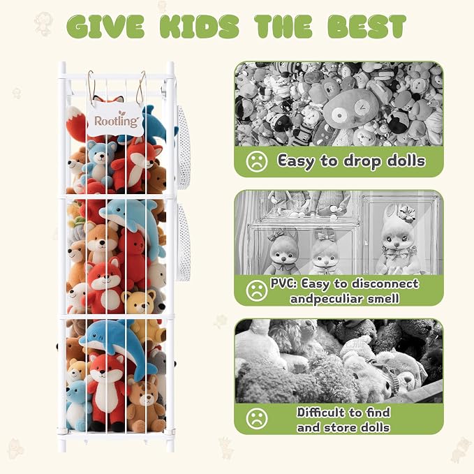 Stuffed Animal Storage & Organizer, 54 inch Tall Wooden Cute Zoo Toy Holder w/Building Block Storage Bag, Premium Wooden Material with Elastic Cord For Toddler Rooms, Playrooms (White, Large)