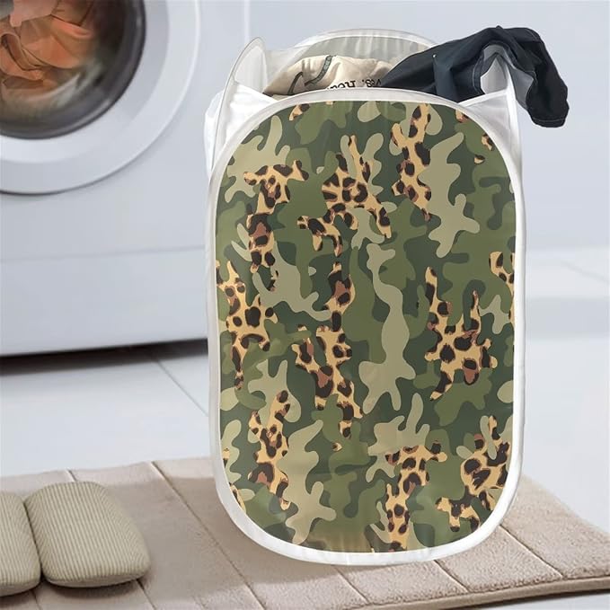 AFPANQZ Strong Mesh Pop-up Laundry Hampers Camouflage Leopard Design Laundry Baskets with Extra Pocket Easy to Open and Fold for Travel Save Place Bathroom Laundry Room 61L