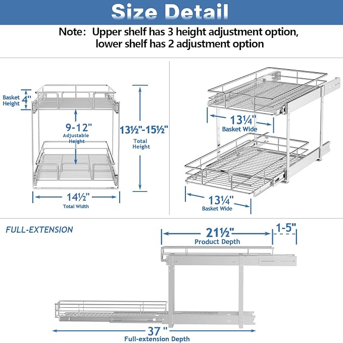 LOVMOR Individual Pull Out Cabinet Organizer, 2 Tier Slide Out Cabinet Drawers, Pots and Pans Organizer and Storage Pantry Shelf for Kitchen (14½" W x 21½" D)