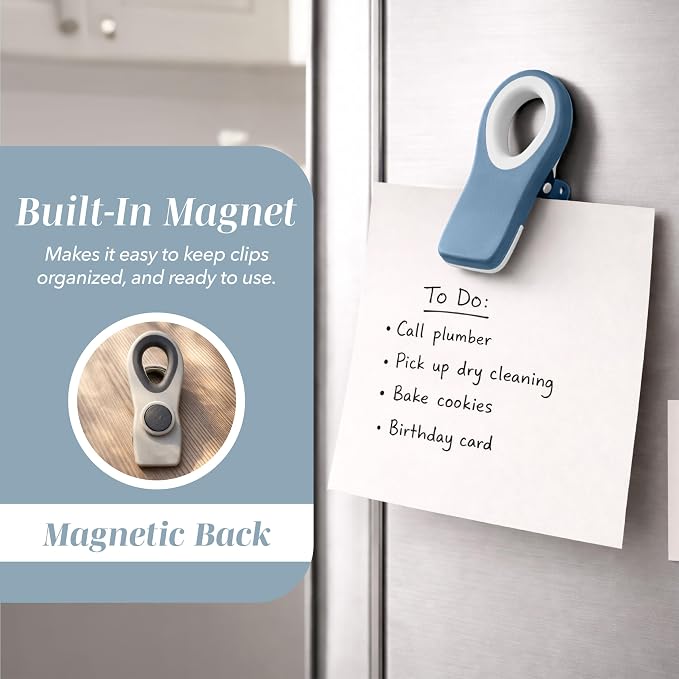 COOK WITH COLOR Bag Clips with Magnet - Food, Chip, Bag Clips for Food Storage with Airtight Seal Grip for Bread, Snack and Food (Blue and Grey, Pack of 10)