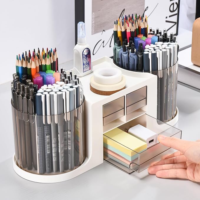 Rotating Desk Organizer with 2 Pen Holder, Desk Organizers and Accessories with 10 Slots Pencil Holder for Desk + 3 Drawer, Art Supply Storage Box Caddy for Office School Home (Light Grey)
