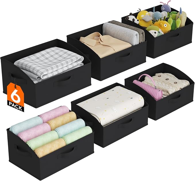Lifewit Trapezoid Closet Storage Bins for Shelf, 6 Packs Non-woven Closet Organizer Baskets with Handles, Foldable Clothes Containers Boxes for Clothing, Book, Purse, 19L, Large, Black