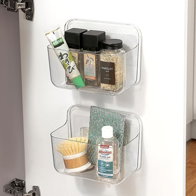 2 Pack Adhesive Cabinet Door Organizer, Compact Kitchen Under Sink Organizer, Clear Lid Storage Container for Pantry Shelves, Wall Mounted Bathroom Shower Caddy Hanging Closet Organizer