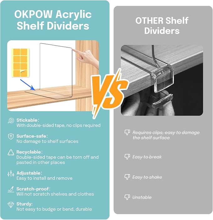OKPOW Shelf Dividers for Closet Organization: 12 Pack Durable Clear Acrylic Divider Organizer for Shelves - Vertical Adjustable Shelving Separators for Clothing Purse