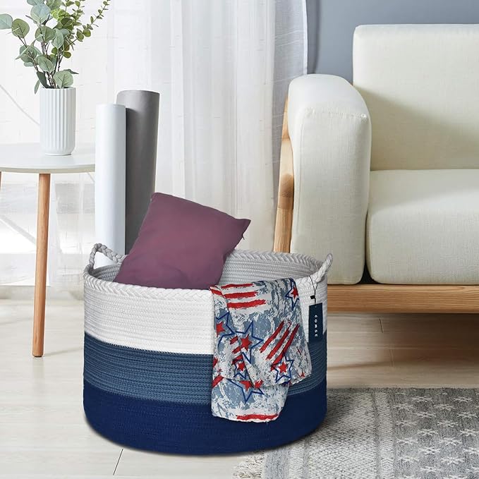COMSE Extra Large Blanket Basket, Woven Laundry Basket, 21.7”x 13.8”, Nursery Hamper, Cotton Rope Laundry Hamper Living Room for Storage Toys Clothes Towels (White & Cadet Blue & Navy Blue)