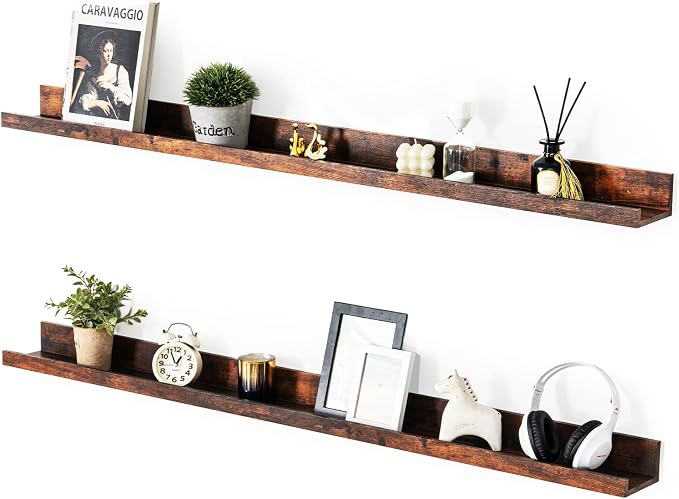 Muzilife 55" Large Floating Shelves Wood Wall Shelf with Lip, 2Pcs, Brown | FSC-Certified Wood | 20 lbs Capacity | Space-Saving | Hanging Shelf | Wall Decor| Bedroom,Living Room,Bathroom,Kitchen,Office