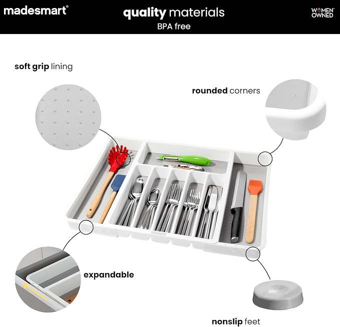 madesmart Silverware White Expandable Tray Classic Collection | 8-Compartments | Icons to Help sort Flatware, Cutlery, Utensils | Soft-Grip Lining | BPA-Free