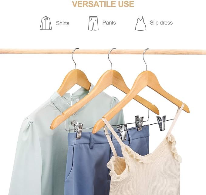 HOUSE DAY Wooden Hangers with Clips 72 Pack,Wooden Suit Hangers Skirt Hangers Solid Wood Pants Hangers Natural Smooth Finish Wood Hangers with Durable Metal Clips for Blouse, Dress, Coat, Jacket