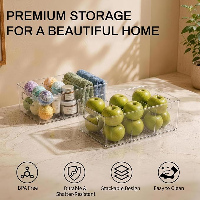 Mpotmiy 4 Pack Clear Pantry Organizers and Storage Bins with Divider, Transparent Plastic Basket, Refrigerator and Fridge Bins