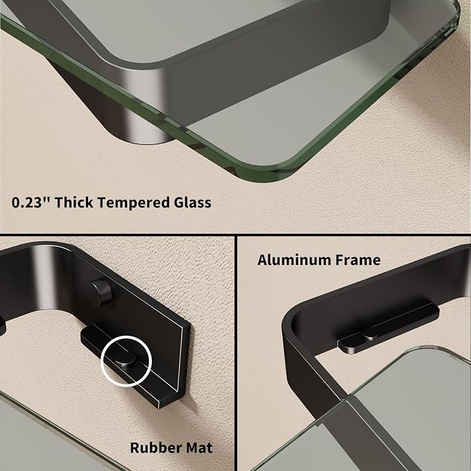 Danpoo 12-Inch Wall Shelf, Clear Tempered Glass with Matte Black Aluminum Frame – Versatile Floating Bathroom Organizer
