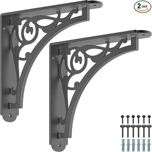 SELEWARE Black Heavy Duty Shelf Brackets, L 8" x H 8" x W 2" Wall Mount Decorative Shelving Brackets, 1/5" Thick Metal L Brackets with Mounting Hardware for DIY Floating Shelf (Classic A, 2 Pack)
