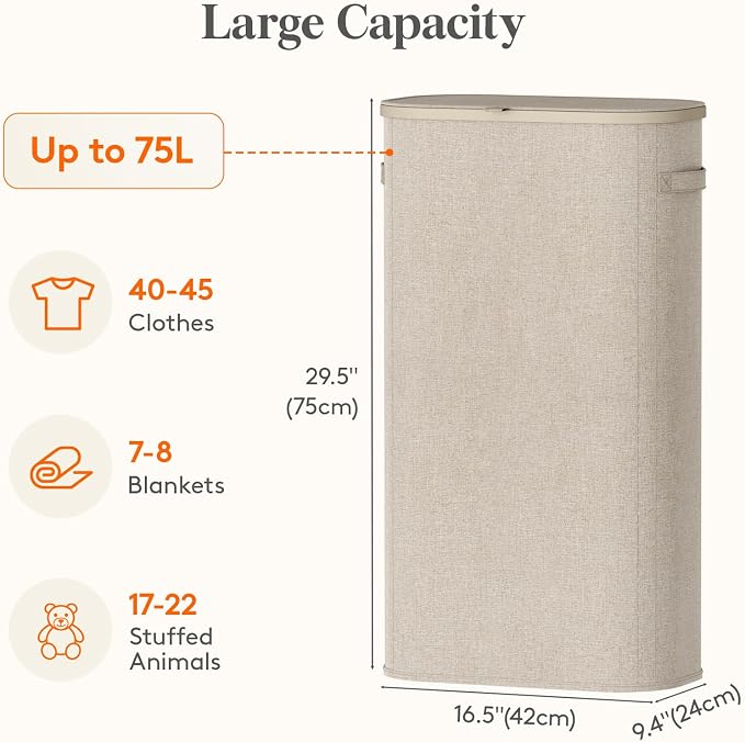 Lifewit Slim Laundry Basket with Lid, Narrow Large Laundry Hamper with Plastic Handles and Removable Bag, Tall Foldable Dirty Clothes Hampers for Laundry Room, Bedroom, Bathroom, Dorm, 75L Beige