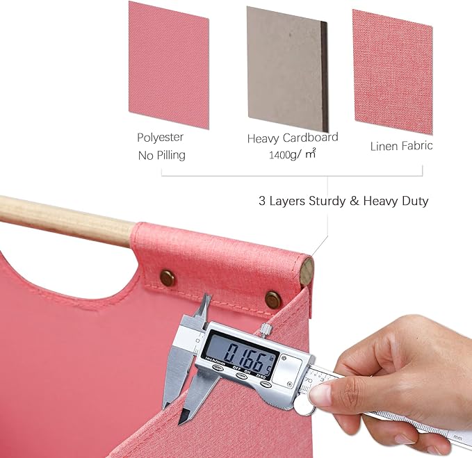 HOONEX Large Foldable Storage Bins, Linen Fabric, Pack of 2, Storage Baskets with Wooden Carry Handles and Sturdy Heavy Cardboard, for Home, Office, Car, Nursery, Pink