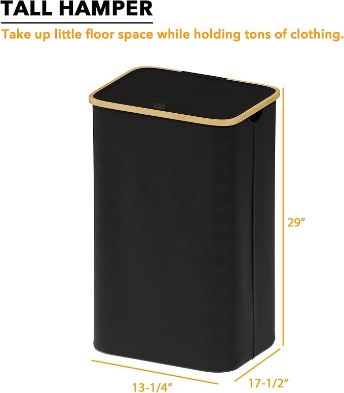 SpaceAid Laundry Hamper with Lid, 110L Large Tall Clothes Basket Bin with Bamboo Handles, Collapsible Laundry Hamper for Bedroom, Bathroom, Dorm, Laundry Room - Black