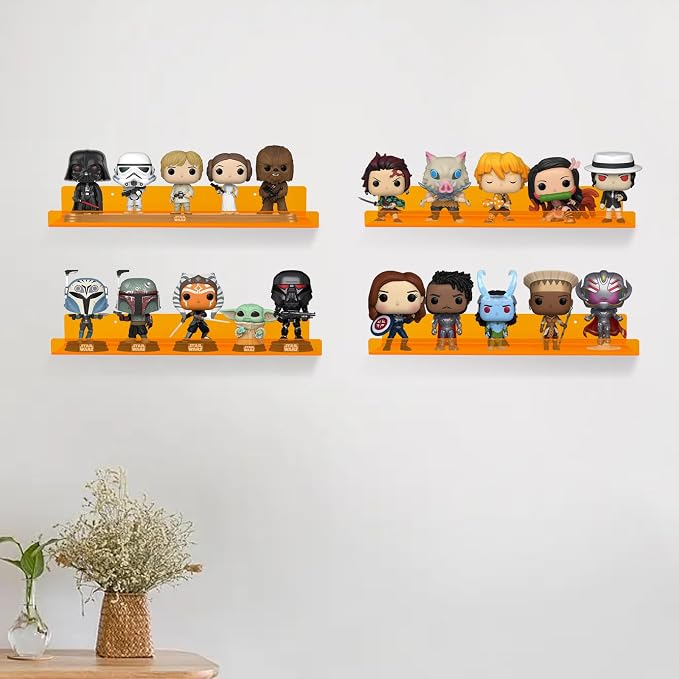Dezzer 6 Pack Acrylic Shelves for Wall, 15" Acrylic Floating Shelves for Bathroom Bedroom, Invisible Bookshelf Wall Ledge Storage Shelf Books Perfume Toys Action Figure Display Shelves, Clear Orange