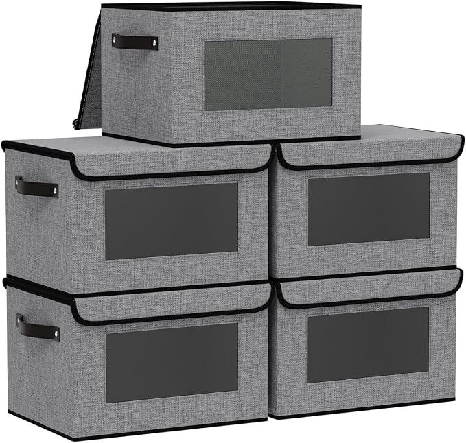 Fabric Storage Bins with Lids,10.2x7.8x6.7In,Gray Box,5Pack | Shelf Baskets with Handles,Storage Boxes with Transparent Window,Closet Container for Bedroom,Clothes Organizer