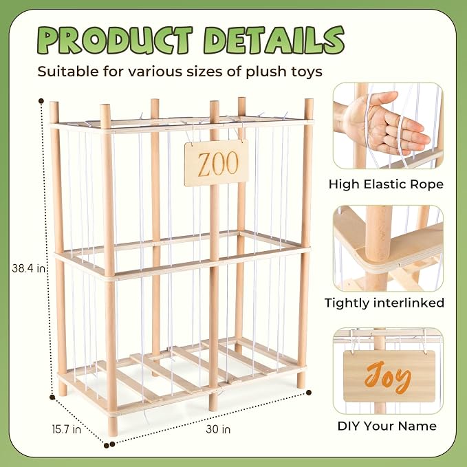 aiwo 30" Extra Wide Large Stuffed Animal Storage Toy Organizer, 38.4" Tall Wooden Display Organizer Holds 70+ Plushies for Kids Room, Playroom, Bedroom, Nursery Decor