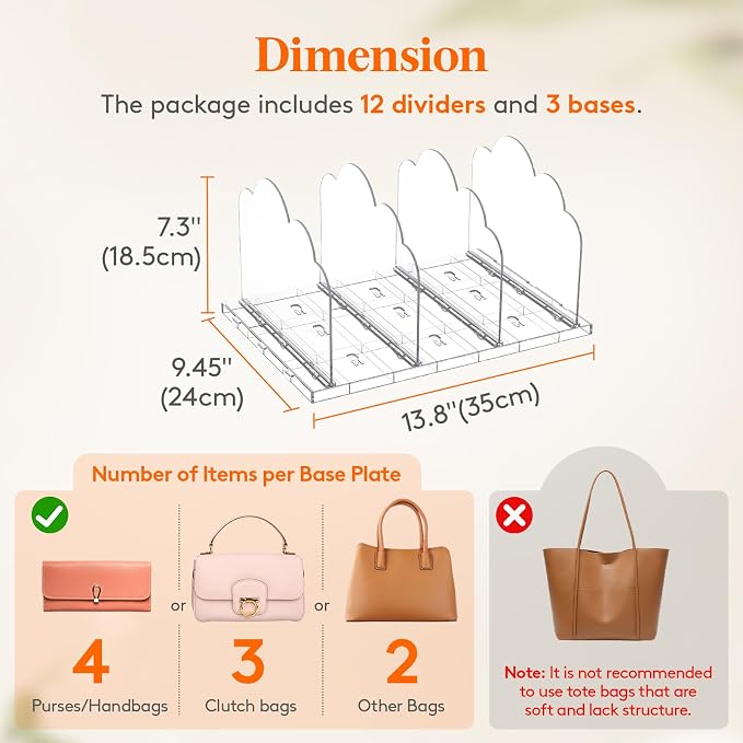 Lifewit Purse Organizer for Closet, Clear Handbags Storage Organizer, Adjustable Clutch Purse Storage Organizer Holder for Closet, 3 Pack Bookshelf Dividers for Sweater in Bedroom 35 x 24 cm/14 x 9.5"