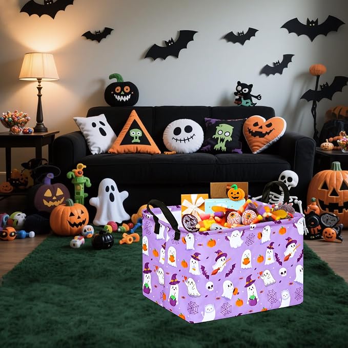 Halloween Empty Storage Basket with Handles Open Gifts&Candy Spooky Basket stuffers for Kids Baby Collapsible Women Organizer Bins Toys Boxes for Shelves Home Office