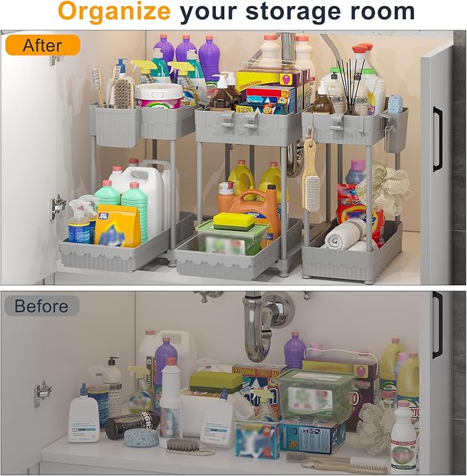 Sevenblue 3 Pack Under Sink Organizers, 2-Tier Multi-Use Kitchen and Bathroom Organizers and Storage with Sliding Drawers, Bathroom Cabinet Organizer (Gray, 14.8 Inch) | Multi-use kitchen & bathroom storage, 14.8 inch gray cabinet organizer, space-savi...