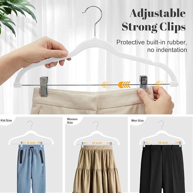 HOUSE DAY Velvet Skirt Hangers 24 Pack, White Velvet Hanger with Adjustable Clips, Space Saving Slim Pant Hangers, Heavy Duty Non Slip Clip Hanger for Pants, Skirts, Shorts | Velvet Hanger with Adjustable Clips, Space Saving Velvet Pant Hangers, Heavy ...