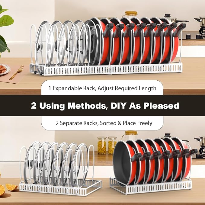 Housolution 2 Pack Pot and Pan Organizer, 12"-23" Expandable Pot Lid Organizer with 14 Adjustable Dividers, Pan Lid Holder Storage Rack for Cabinet, White