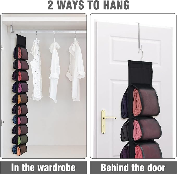 Aulock 2 Pack Legging Storage Organizer, Hanging Closet Organizer System, Black Clothes Closets Holder with 20 Roll Independent Compartments for Yoga T-Shirts Bras Socks Pants Tank Top Towel