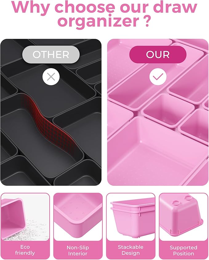 BiuLeon 25 PCS Plastic Drawer Organizers Set, 4-Sizes Vanity and Makeup Organizer, Desk and bathroom Drawer Organizer Trays, Organizers and Storage for Makeup, Jewelry, Gadgets, Utensils(Light Purple)