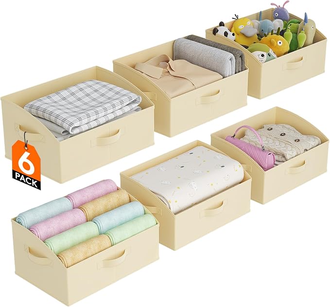 Lifewit Trapezoid Closet Storage Bins for Shelf, 6 Packs Non-woven Closet Organizer Baskets with Handles, Foldable Clothes Containers Boxes for Clothing, Book, Purse, 19L, Large, Beige