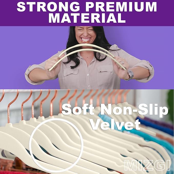 MIZGI Premium Velvet Hangers 100 Pack Heavy Duty - Non Slip Felt Hangers - Velvet Suit Hangers Ivory - Rose Gold Hooks,Space Saving Clothes Hangers