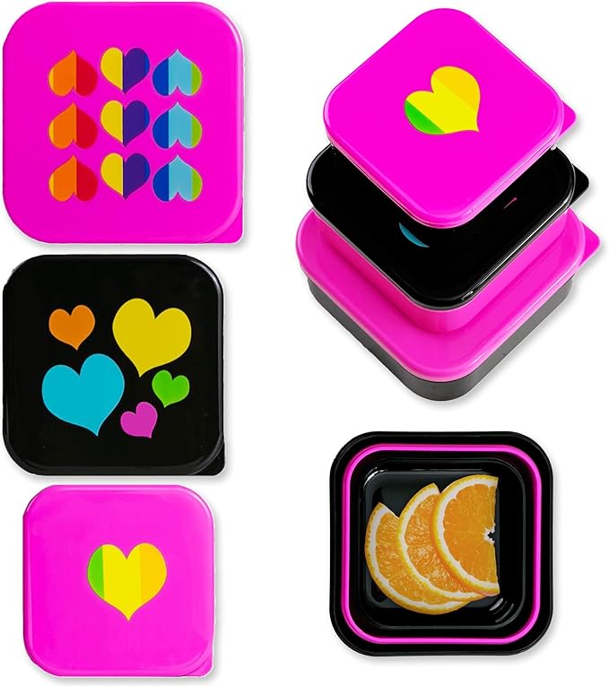 Wildkin Set of 3 Kids Nesting Food Containers for Girls – Stackable, Airtight & BPA-Free Snack Containers, Dishwasher Safe Lunch Box Containers for School & Travel, Ages 3–12 – Rainbow Hearts