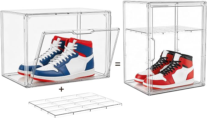 Attelite Shoe Storage Clear Shoe Organizer Boxes With 1 Adjustable Divider, Acrylic Sneaker Shoe Display Case With Magnetic Door,Clear Plastic Stackable Storage Bins With Lids,2 Pack