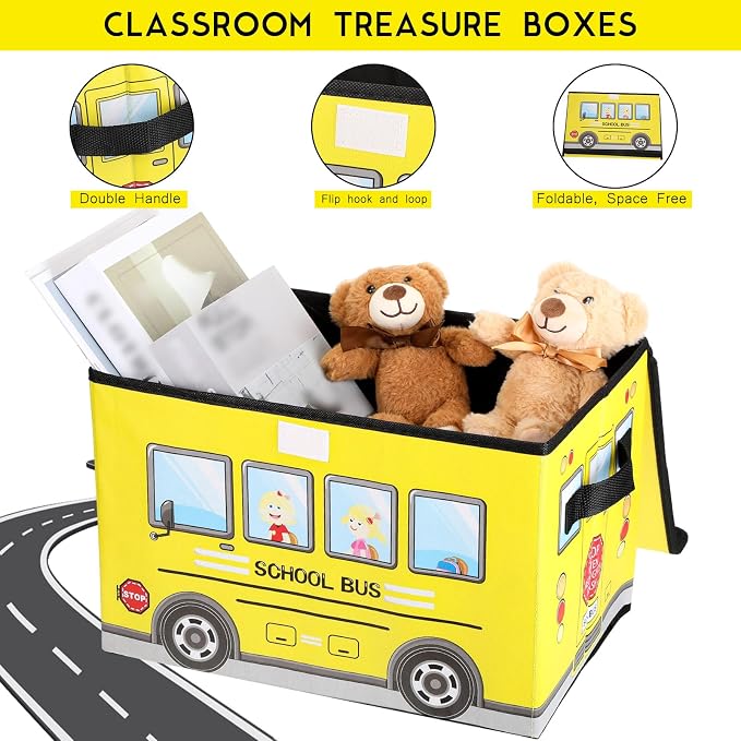 Sweetude 2 Pcs School Bus Treasure Box for Classroom, Foldable Chest Storage Toy Box Chest with Lid Treasure Storage Organizer Bin for Kids Teachers Toy Prizes Awards for Students(Yellow)
