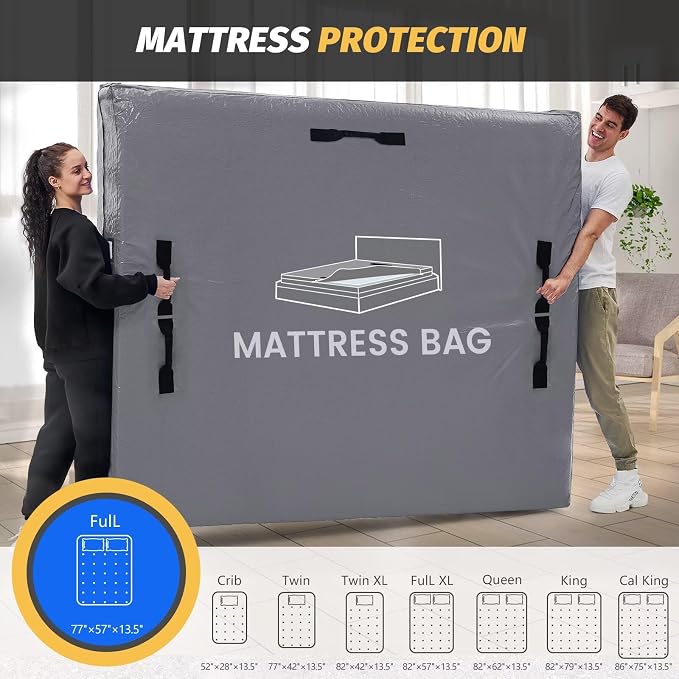 Mattress Bags for Moving and Storage, BETU Full Size Waterproof Mattress Protector Mattress Cover with 8 Heavy Duty Handles and Zipper Extra Thick Moving Supplies for Bed (2 Pack:77x57x13.5 Grey)