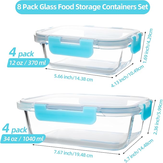 16Pack Glass Meal Prep Containers 8 Bowls with 8 Airtight Blue Lids 2 Sizes | Borosilicate glass food storage set for lunch, leftovers & portion control — microwave/freezer/dishwasher safe, leak-proof