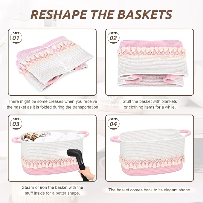 3 Pack Storage Basket for Shelves, Boho Cotton Rope Storage Bins with Heavy Tassel, Shelf Baskets Large Woven Baskets for Organizing, Cube Organizer Bins, Baby Laundry Basket for Clothes, Toys, Pets