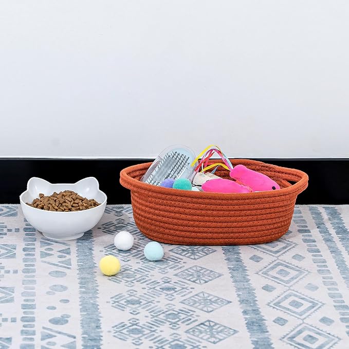 CubesLand Small Storage Basket Cotton Rope Organizer Baskets for Shelves | Set of 5 Decorative Closet Storage Bins with Handle for Countertop, Toilet Paper Basket for Toilet Tank Top, Rust Basket