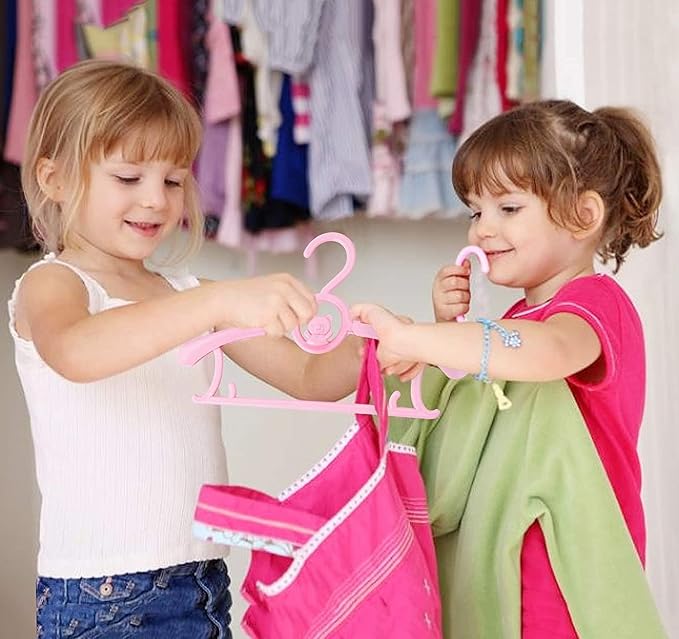 HGYZE Kid Hangers for Closet 50pcs, Pink Baby Clothes Hanger Plastic, 11-14" Adjustable Bulk Perchas for Newborn, Non-Slip Children Outfit Bear Hangar for Girl Boy Toddler Infant Nursery Clothing