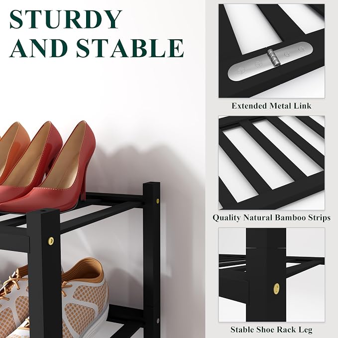 Smiry Bamboo Shoe Rack for Closet, 6 Tier Wooden Shoe Organizer, Stackable Wood Shoe Storage Shelf for Entryway, 14 Vertical Slats, 3+3 Stack Heavy-Duty Legs, 26.77"x11.02"x36.61", Black