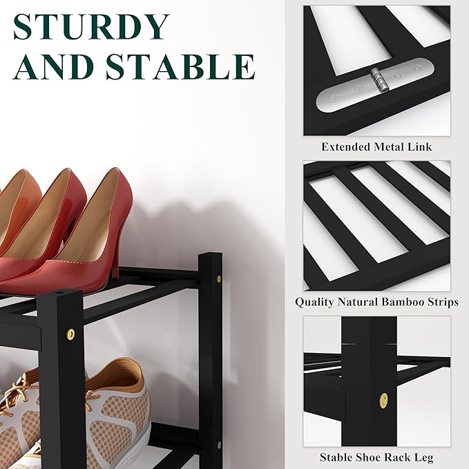 Smiry Bamboo Shoe Rack for Closet, 3 Tier Wooden Shoe Organizer, Stackable Wood Shoe Storage Shelf for Entryway, 14 Vertical Slats, One-piece Heavy-Duty Legs, 26.77"x11.02"x18.31", Black